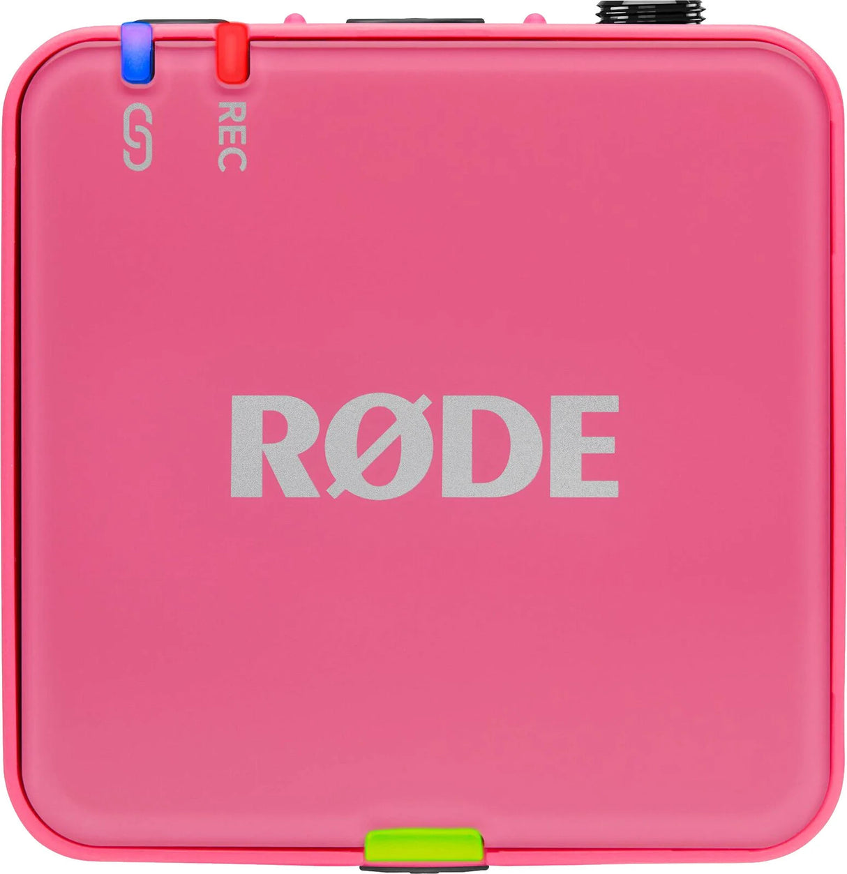 Unitate microfon wireless roz cu inscripția RØDE și conectori laterali