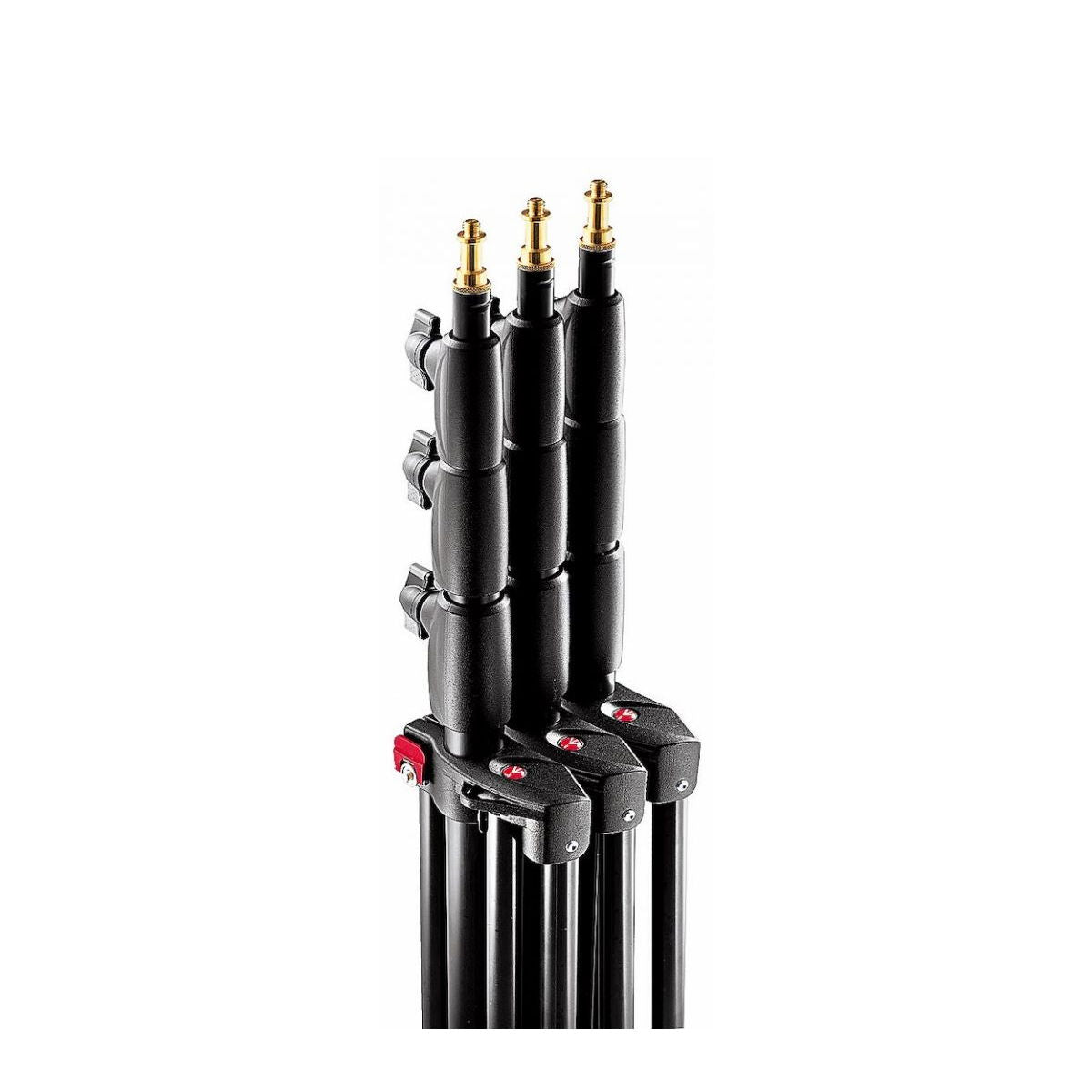 Set of 3 black tripods, head plates with red logo and metal caps