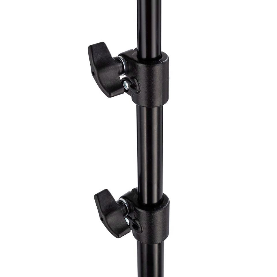 Black boom pole clamp with two adjustment brackets and knobs on the tube