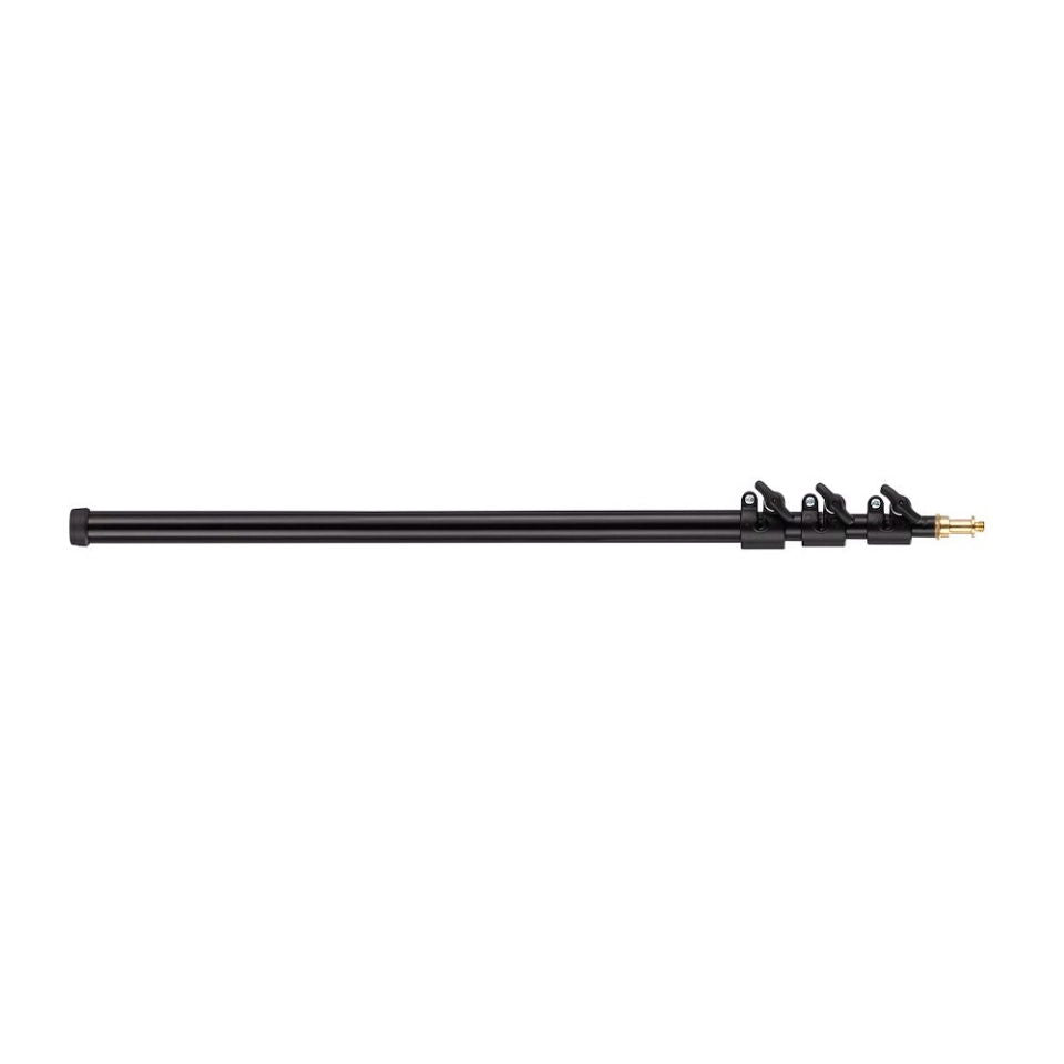 Camera boom pole, 4 sections, black rod with mounting clips on the side end