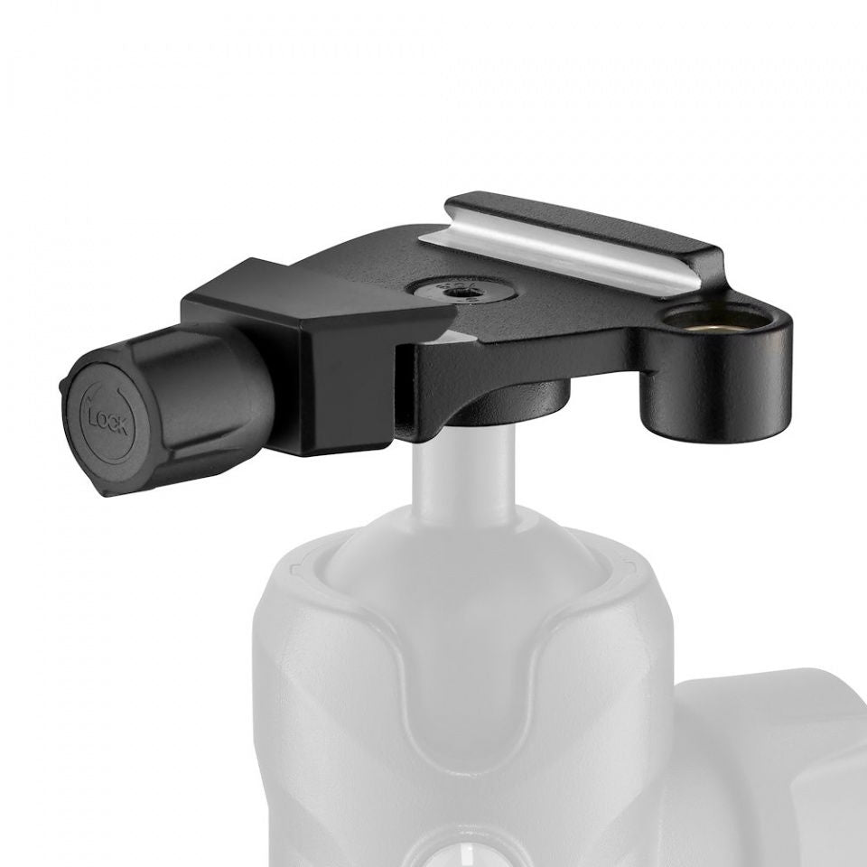 Arca Swiss adapter with locking lever and mounting plate on Top Lock head, black