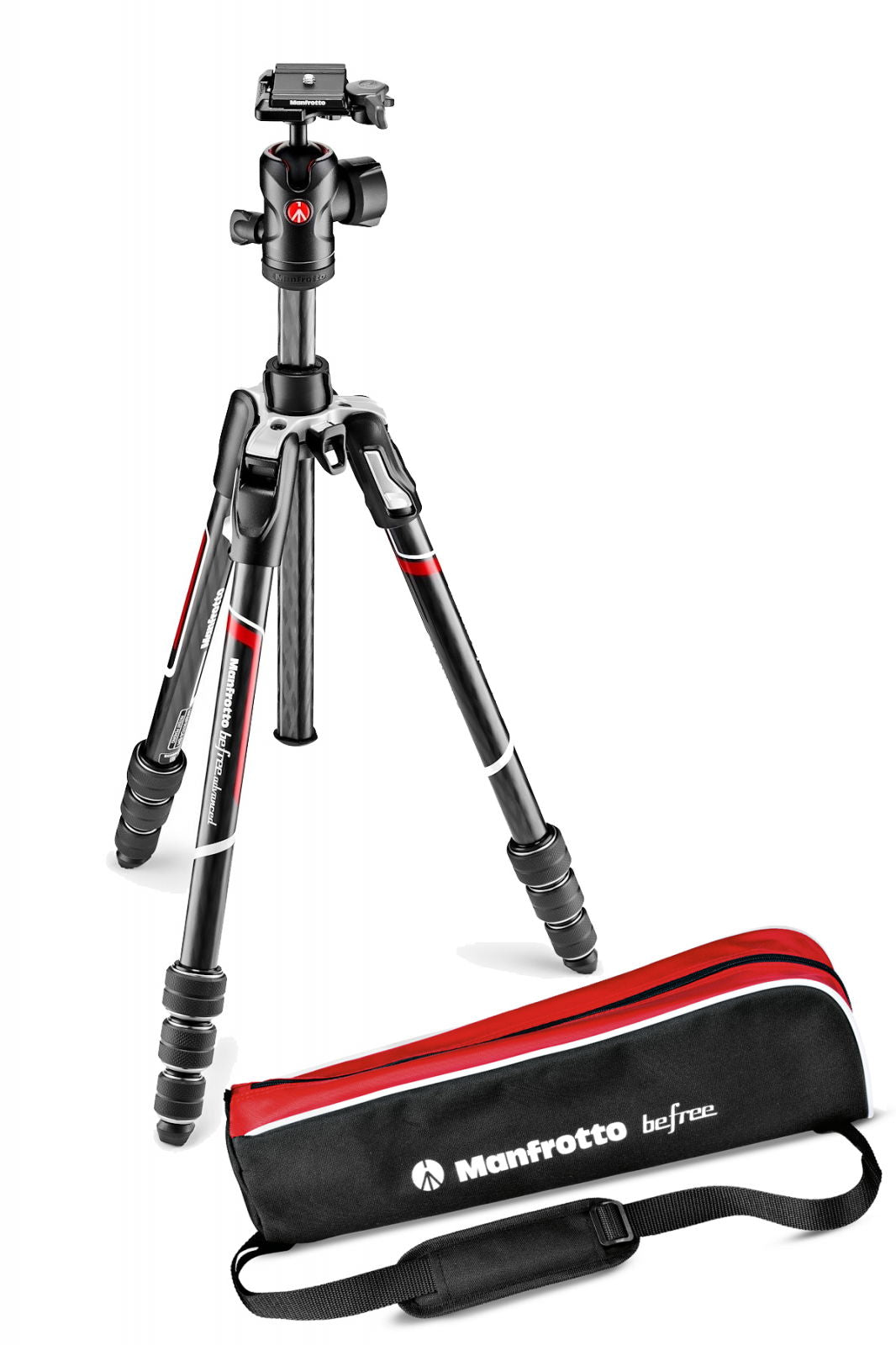 Trepied foto Manfrotto carbon de călătorie, închis, cu husă roșie.