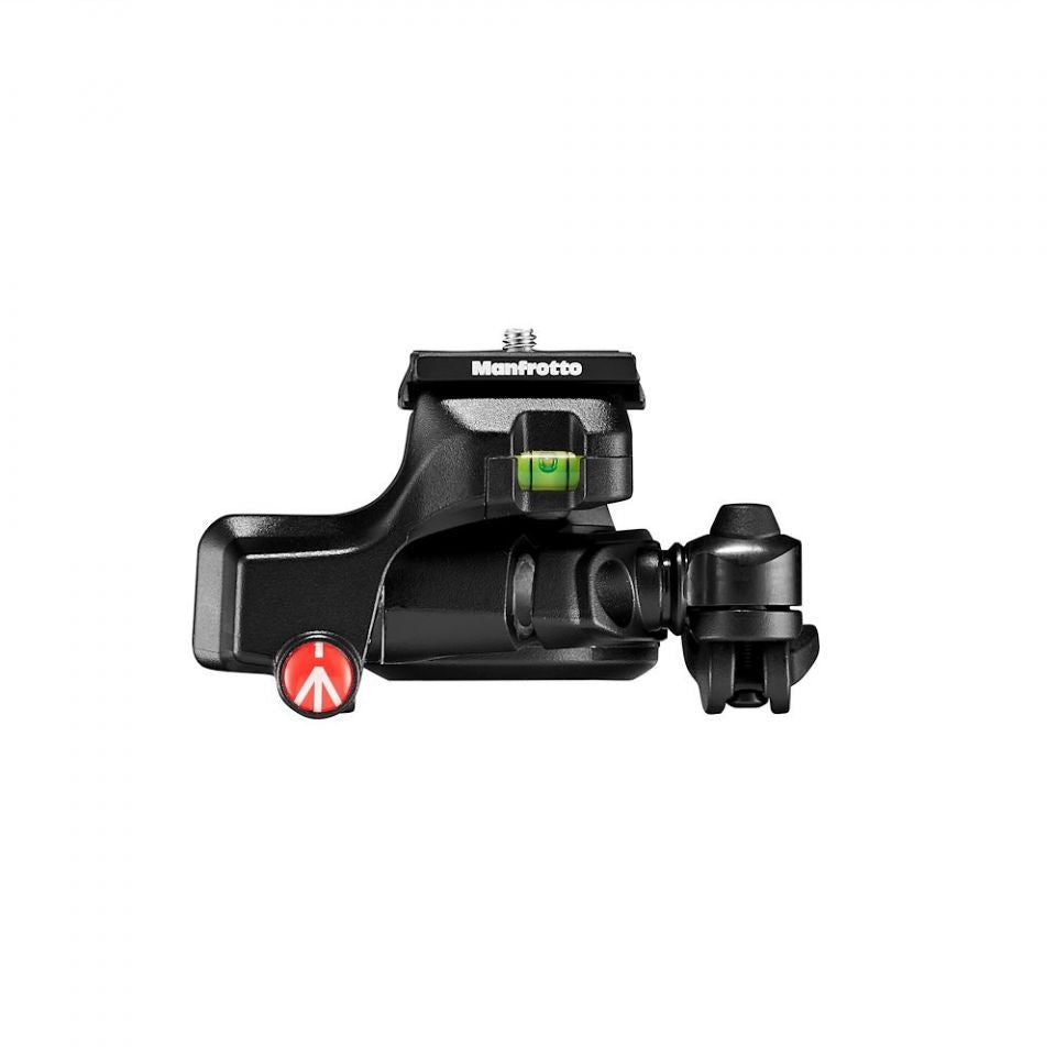 Manfrotto black fluid head with green locking knob and red dial control