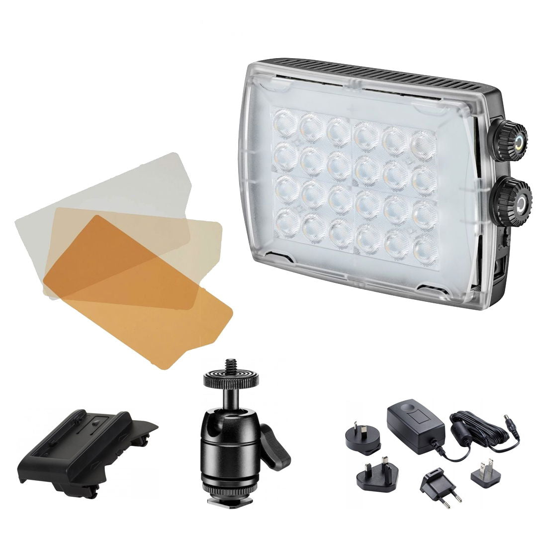 Lampă video LED bicolor Manfrotto Croma 2, panou frontal și accesorii