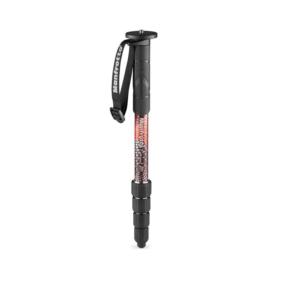 Monopied foto Manfrotto, tub rosu cu imprimeu, cap negru si extensie pe segmente