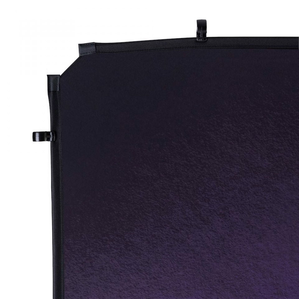 Aubergine fabric backdrop corner with reinforced seam and black mounting strap detail