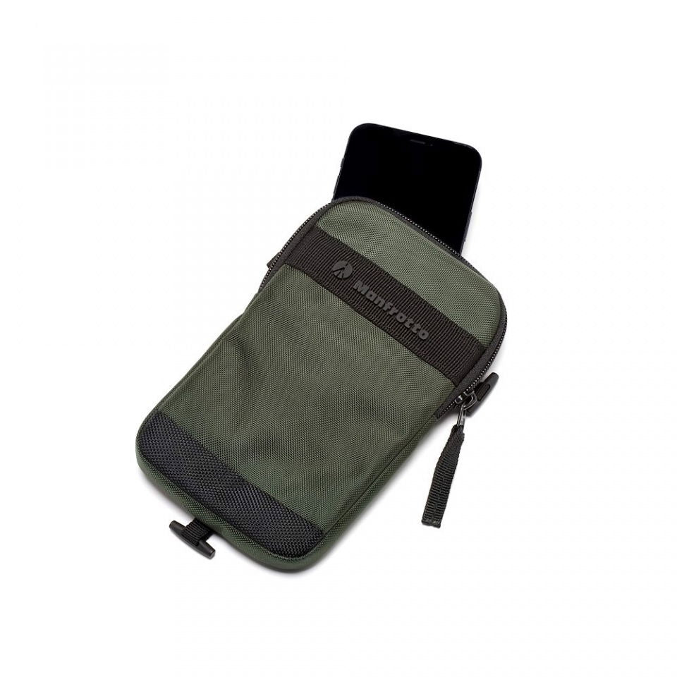 Husă smartphone Manfrotto verde măsliniu, buzunare și fermoar