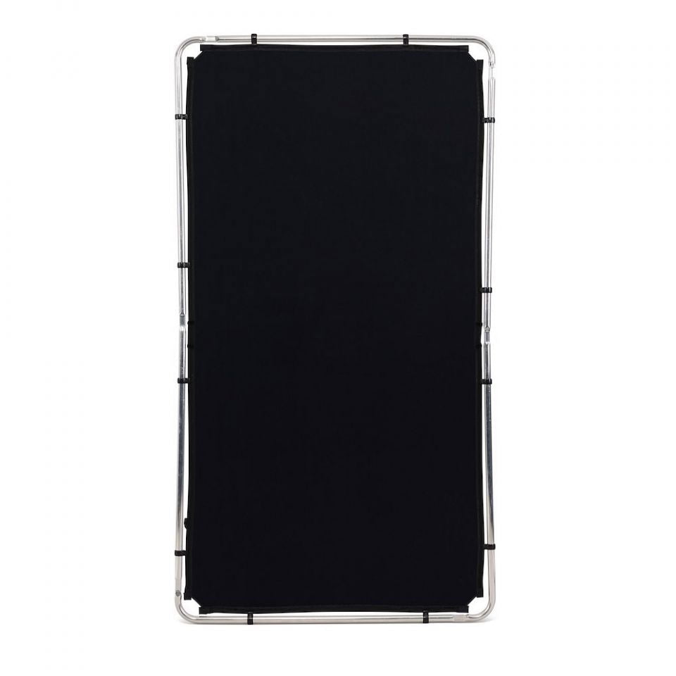 1.1 x 2m scrim frame with dark fabric panel, mounted on silver metal frame