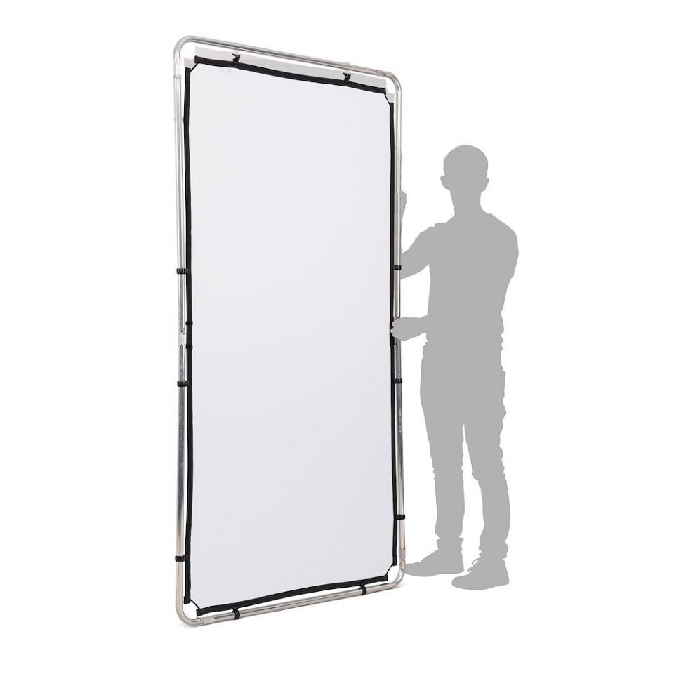 Portable scrim frame with white fabric panel, standing beside a person for scale