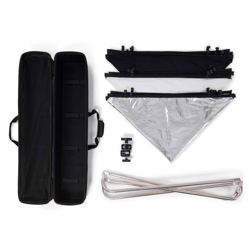 Scrim kit components: black fabric bag, folded panels, silver diffusion sheet, and rails