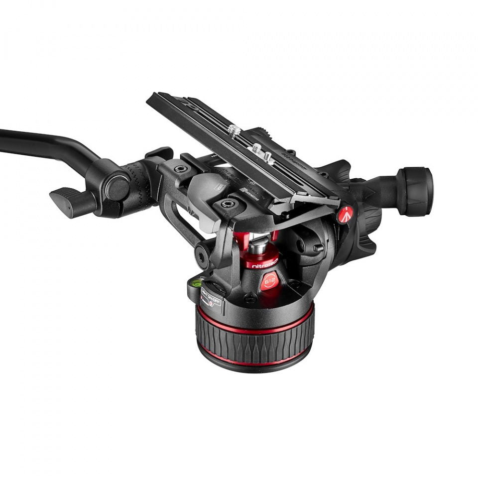 Black video fluid head with top dovetail plate, measurement markings, and two hand grips