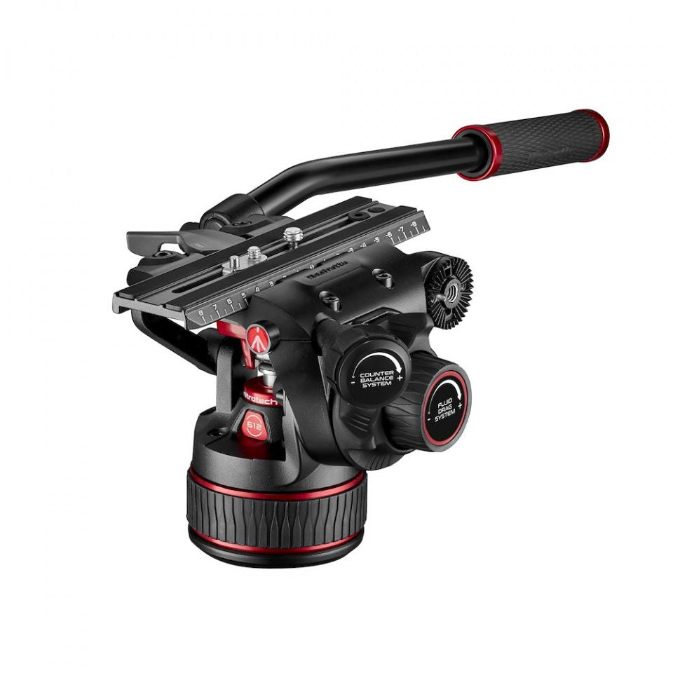 Black video fluid head with red accents, handle grip, and adjustable scale on top
