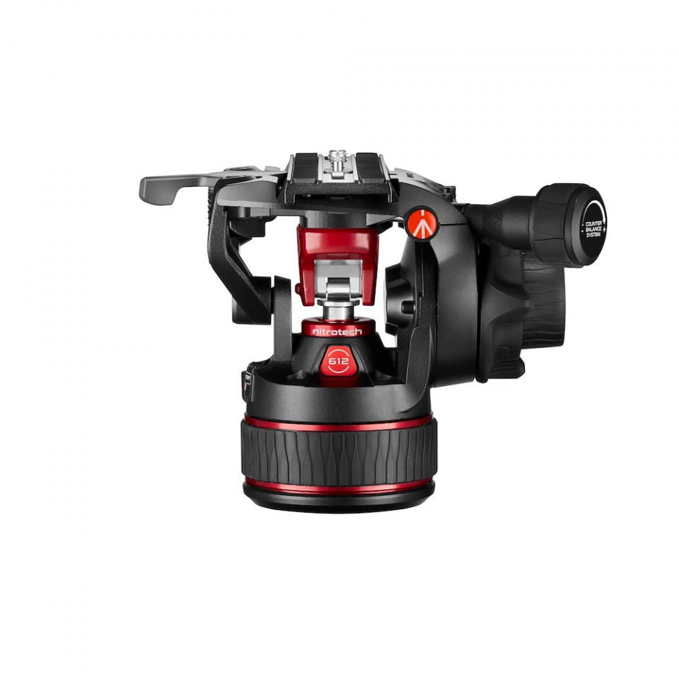 Black video fluid head close-up with red center module, lever controls, and side dial