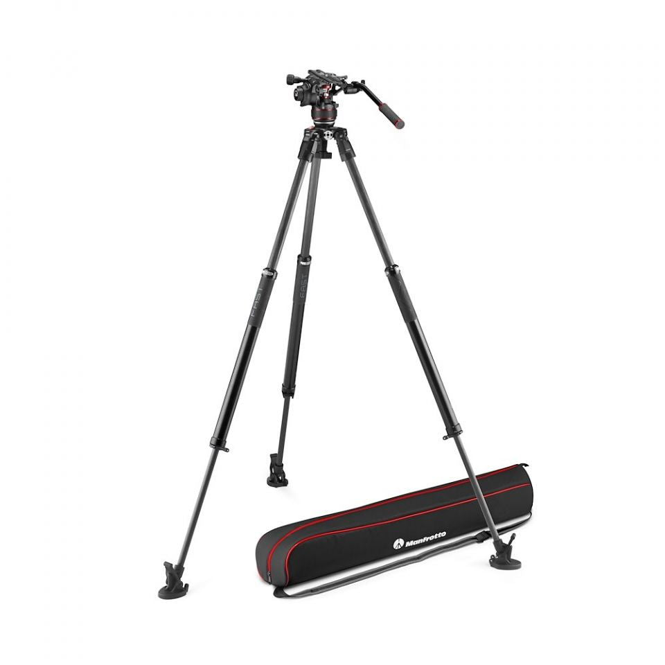 Carbon video tripod with fluid head, black legs, and padded carry case with red trim