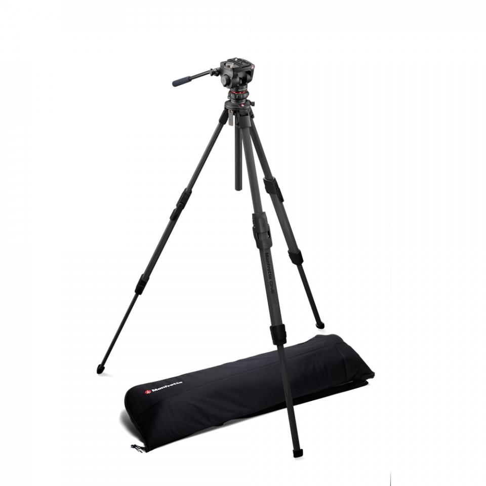 Carbon hybrid tripod kit with fluid head and black carry bag