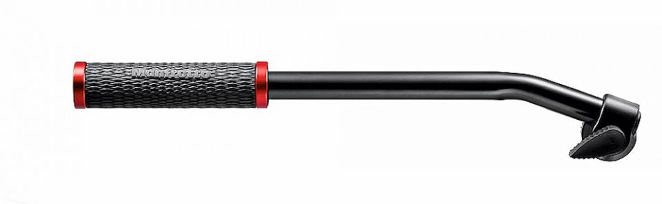 Video pan bar handle with textured black grip and red end caps, curved arm mount