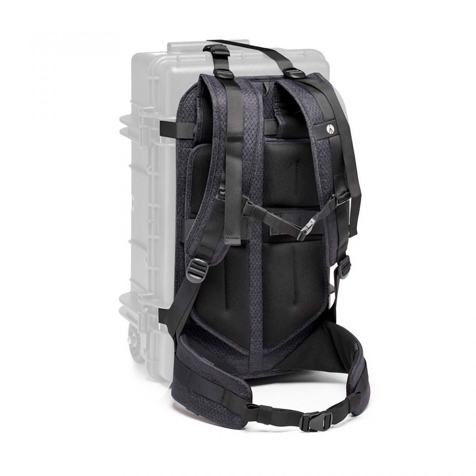 Set curele troller hard-case, negre, cu bretele si prindere tip ham, pe rucsac.