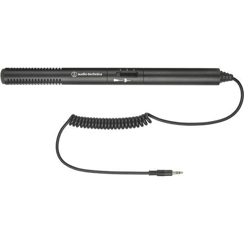 Black shotgun microphone with coiled cable and audio plug, side view