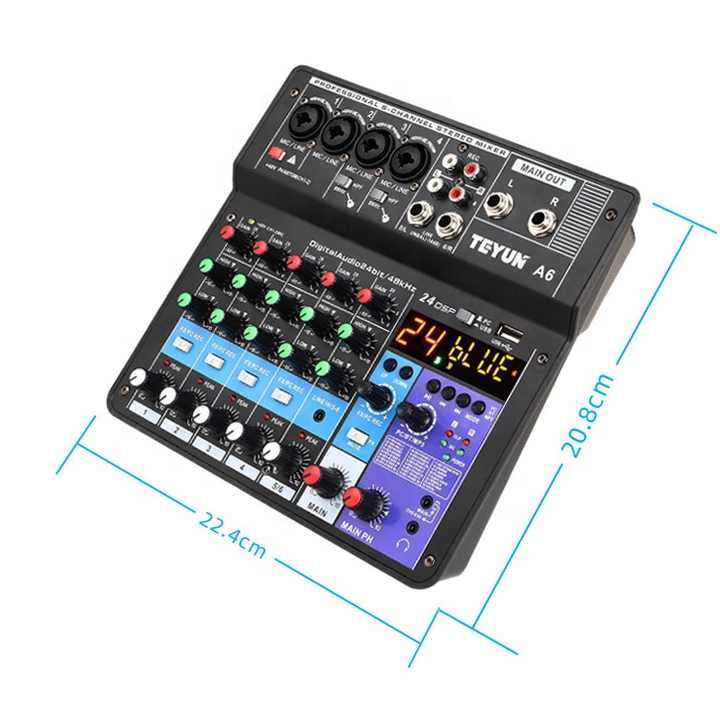 Mixer audio cu 6 canale, efecte integrate, dimensiuni 22,4 x 20,8 cm, panou negru