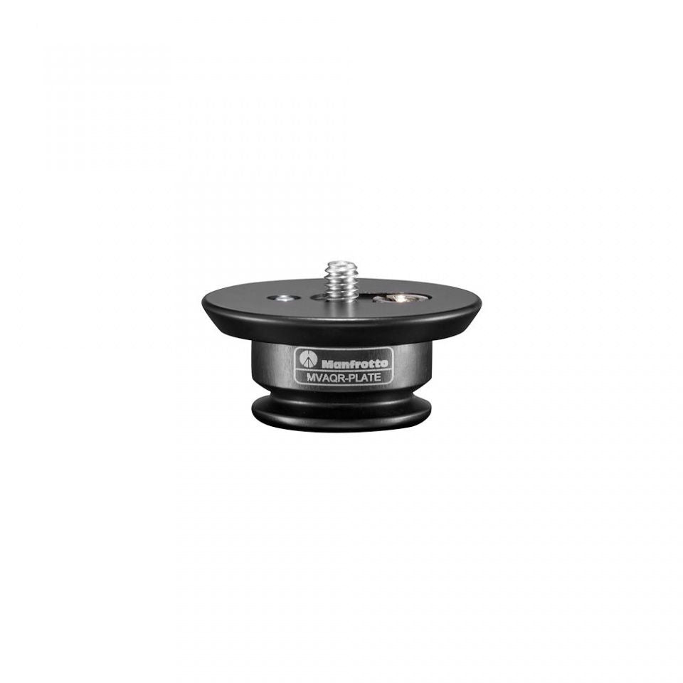 Black quick-release plate with central threaded screw and two mounting holes