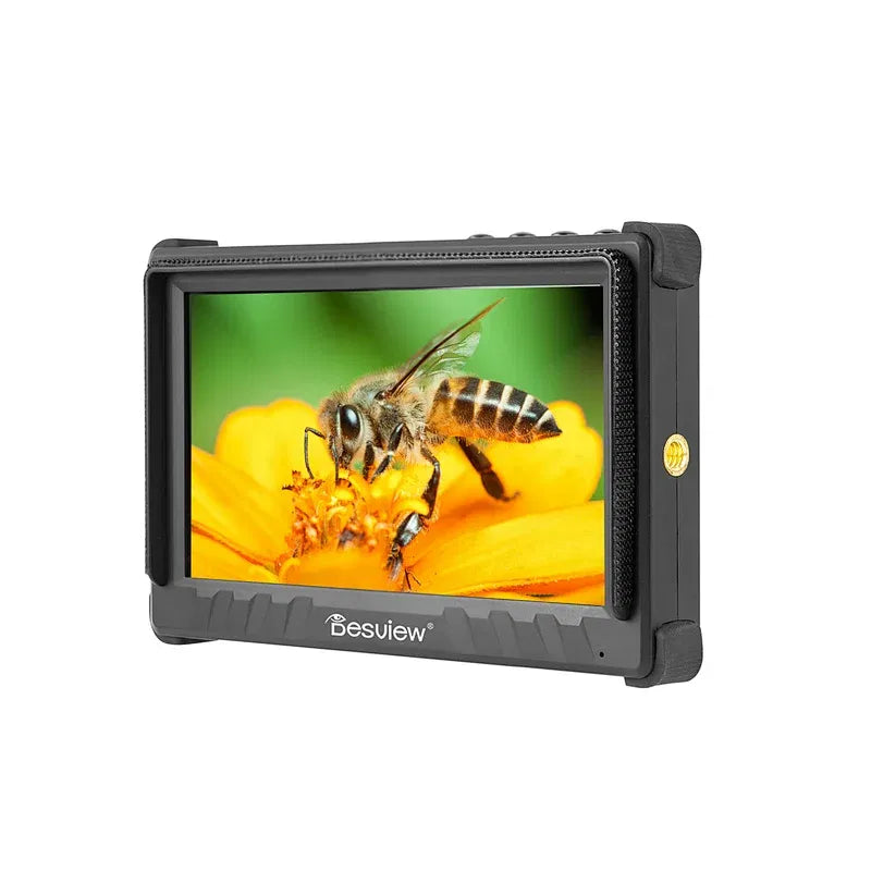 5.5-inch on-camera monitor, black protective bezel, front view with bee on screen