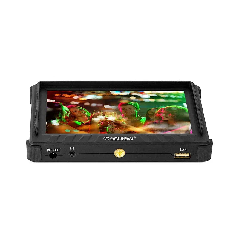 Black on-camera monitor ports view with USB and DC IN/OUT labels, 5.5 in display