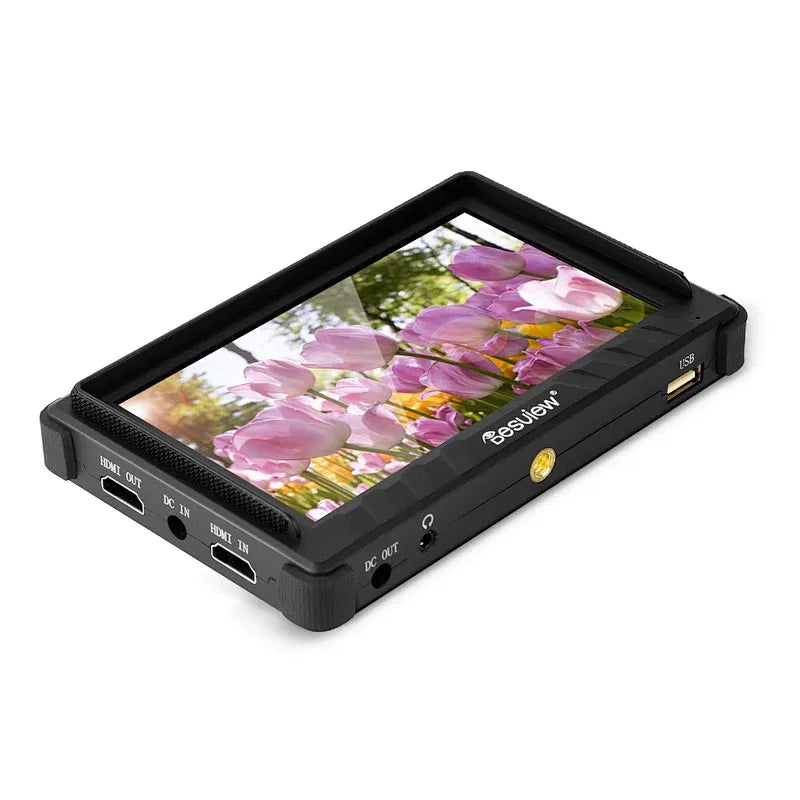 5.5-inch on-camera monitor with side ports, black textured bezel, screen with flowers