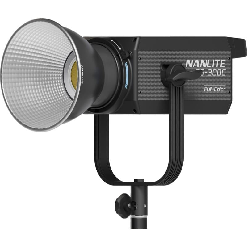 LED RGBW spot light angled view with reflector dome and stand mount knob