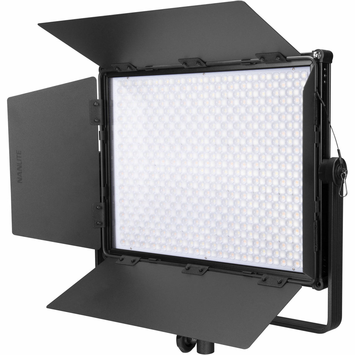 Front view of RGB bicolor LED light panel with barn doors and evenly lit LED matrix