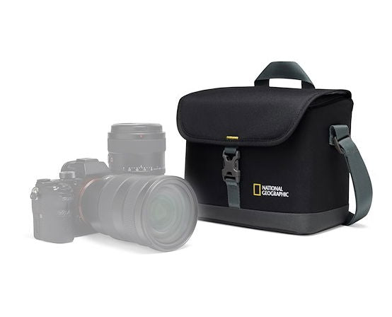 Black camera bag open with organizer divider; camera and lens partially visible
