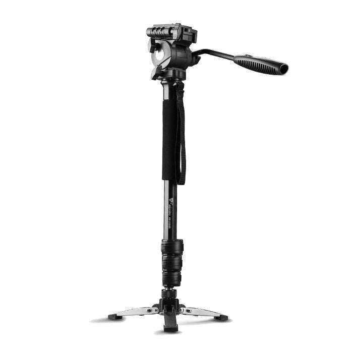 Black video monopod with camera head and base, telescopic stand