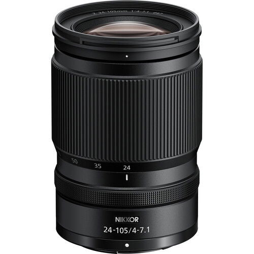 NIKKOR 24-105mm f/4-7.1 camera lens with zoom markings on black barrel