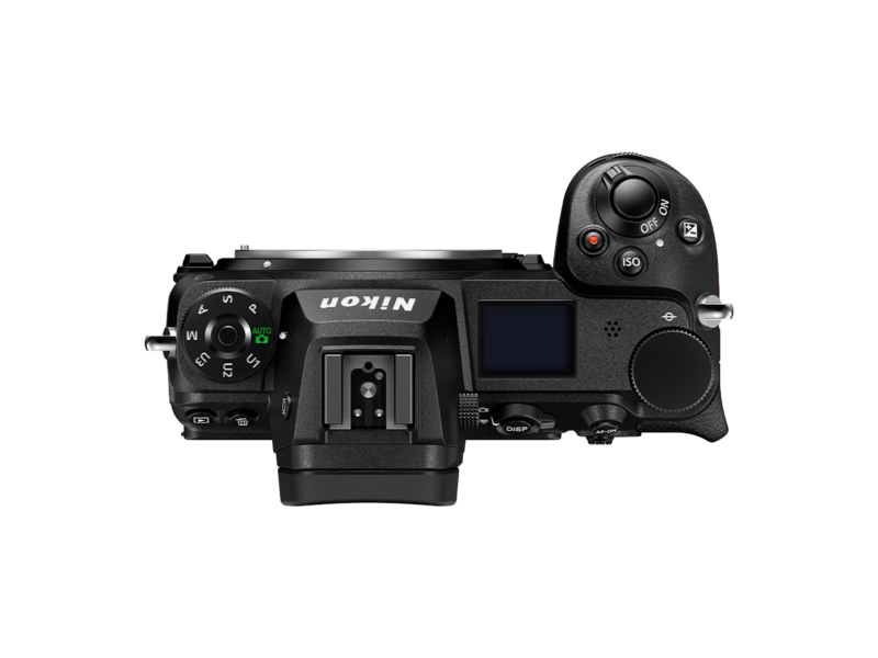 Side/top view of black mirrorless camera with shutter buttons and mode dial