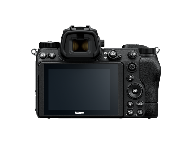 Back view of black mirrorless camera with LCD screen and viewfinder