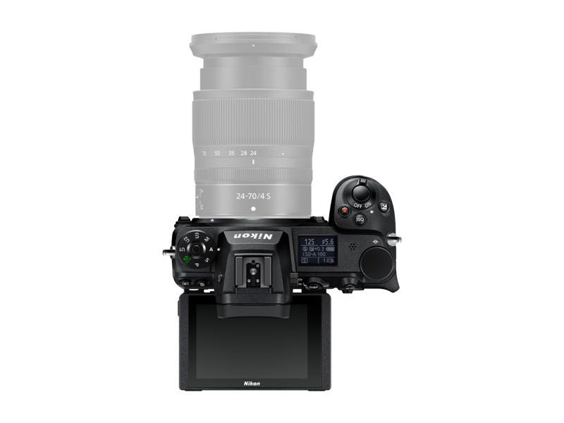 Mirrorless camera body with attached lens and rear LCD screen