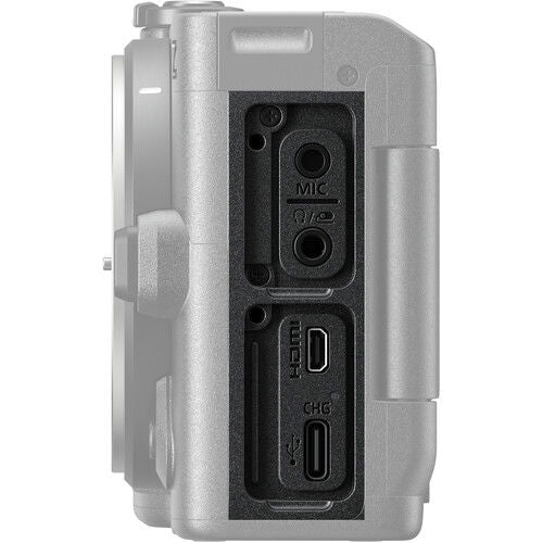 Rear ports panel on silver mirrorless camera body with MIC and HDMI labels