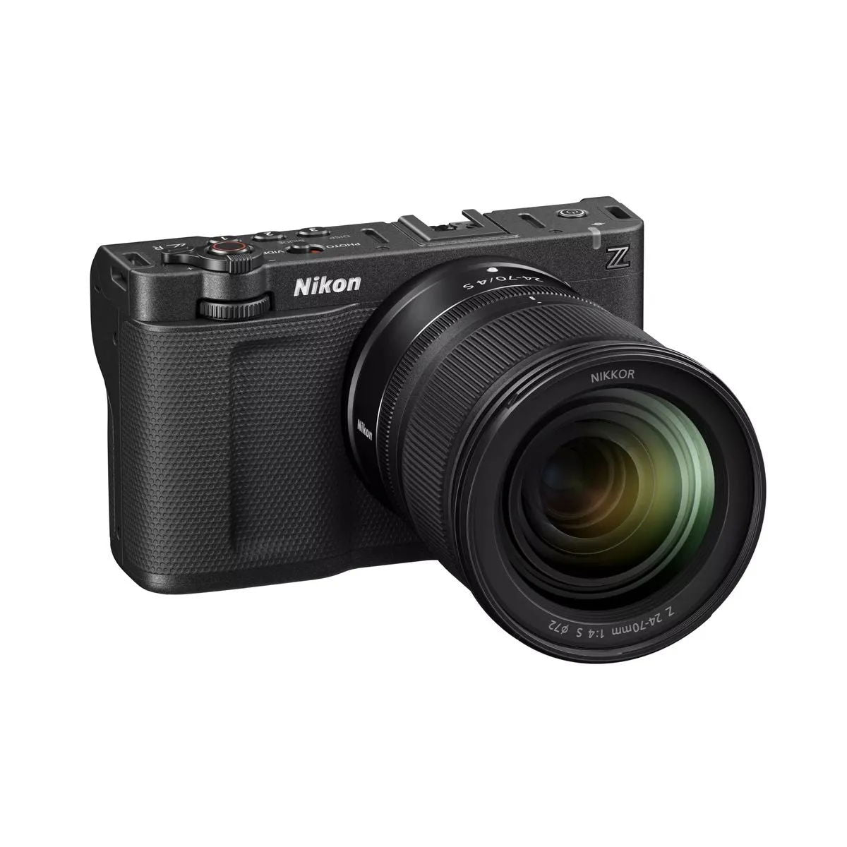 Black ZR camera with 24-70mm f/4 S NIKKOR Z lens, angled side view