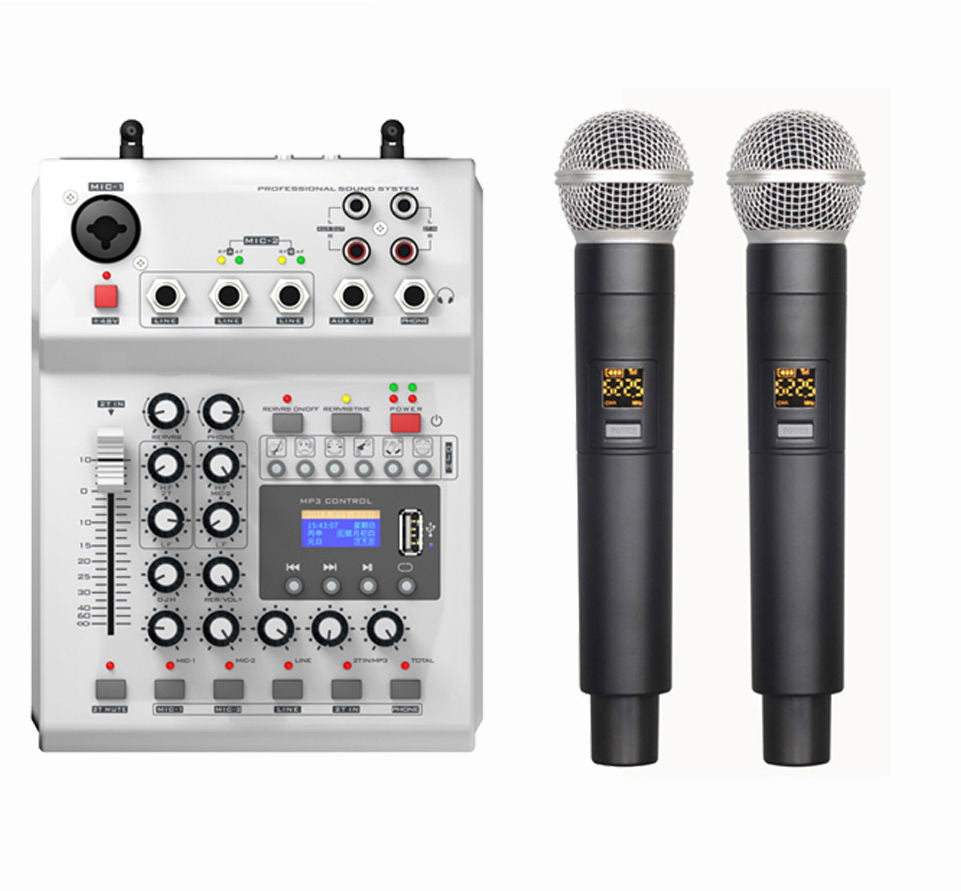 Mixer audio cu microfon wireless dual, panou alb și două microfoane negre