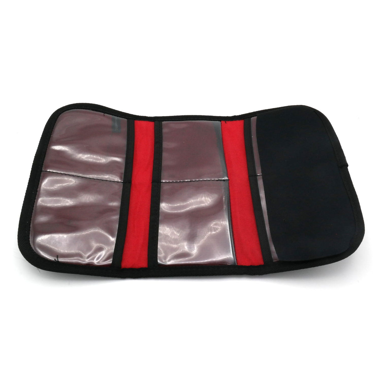Open filter case with black outer sides, red dividers, and clear inner pockets