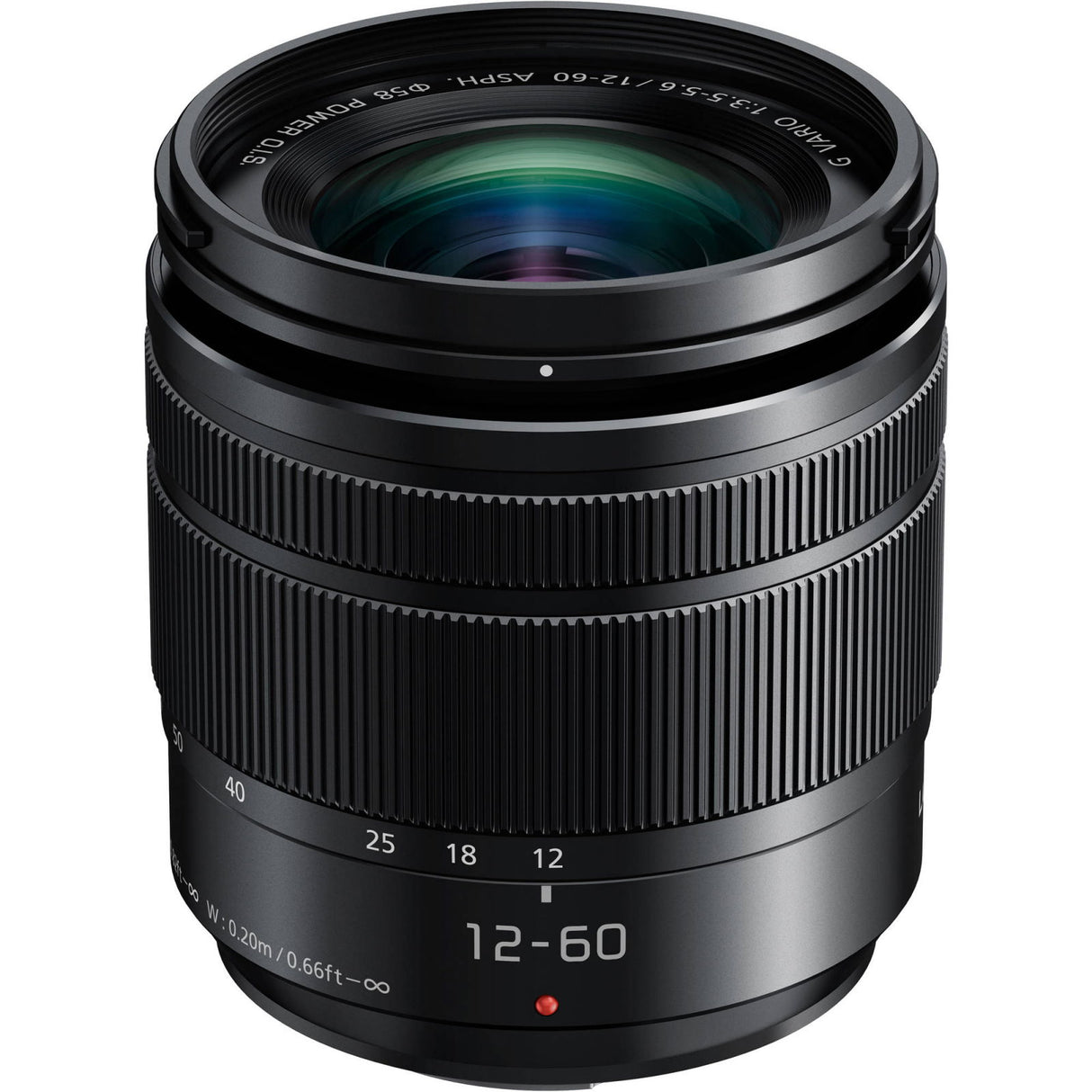 Black 12-60mm F3.5-5.6 camera lens with textured zoom/focus rings