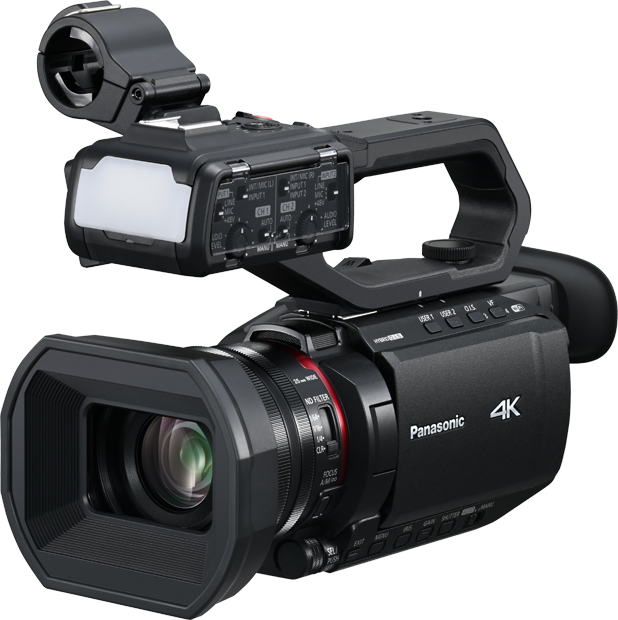 4K camcorder with large lens and top handle microphone, black body