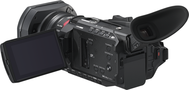 Black camcorder with hinged LCD screen open and side grip, large lens