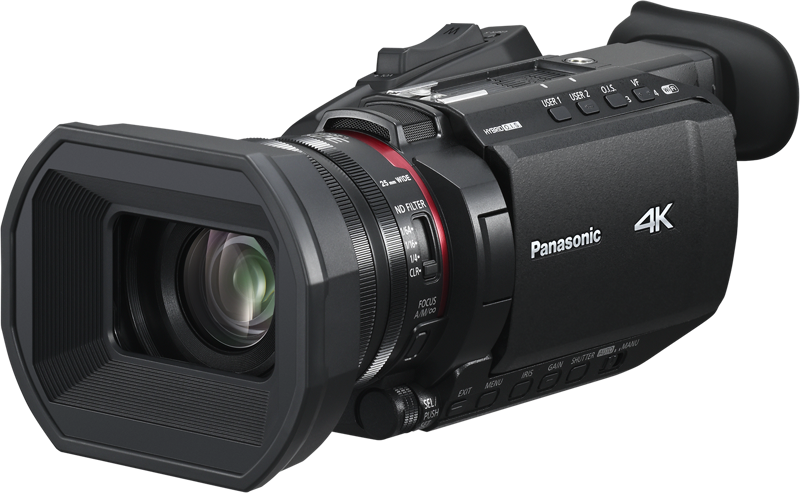 Black 4K camcorder with front lens, viewfinder hump, and control buttons