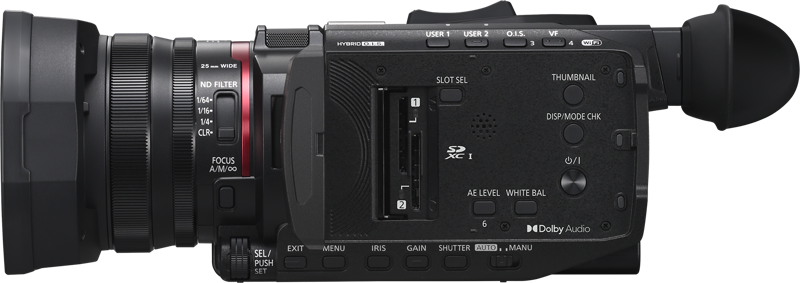 Black camcorder rear panel with card slot, buttons, and viewfinder