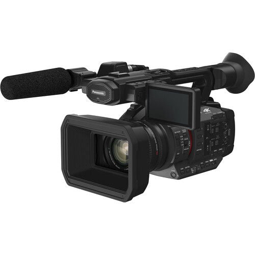 Black camcorder with angled view, lens and flip-out LCD screen