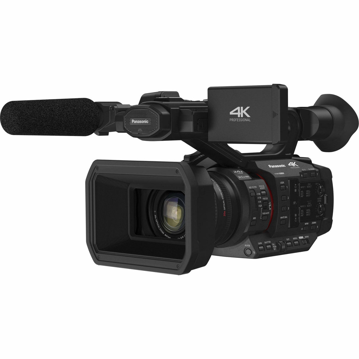 Black 4K professional camcorder with built-in microphone and top control panel