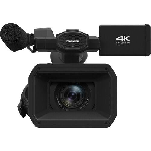Black camcorder front view showing lens, grille microphone, and 4K label