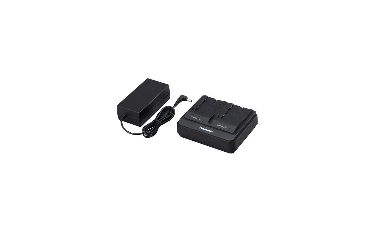 Dual battery charger with black power adapter and connected cable