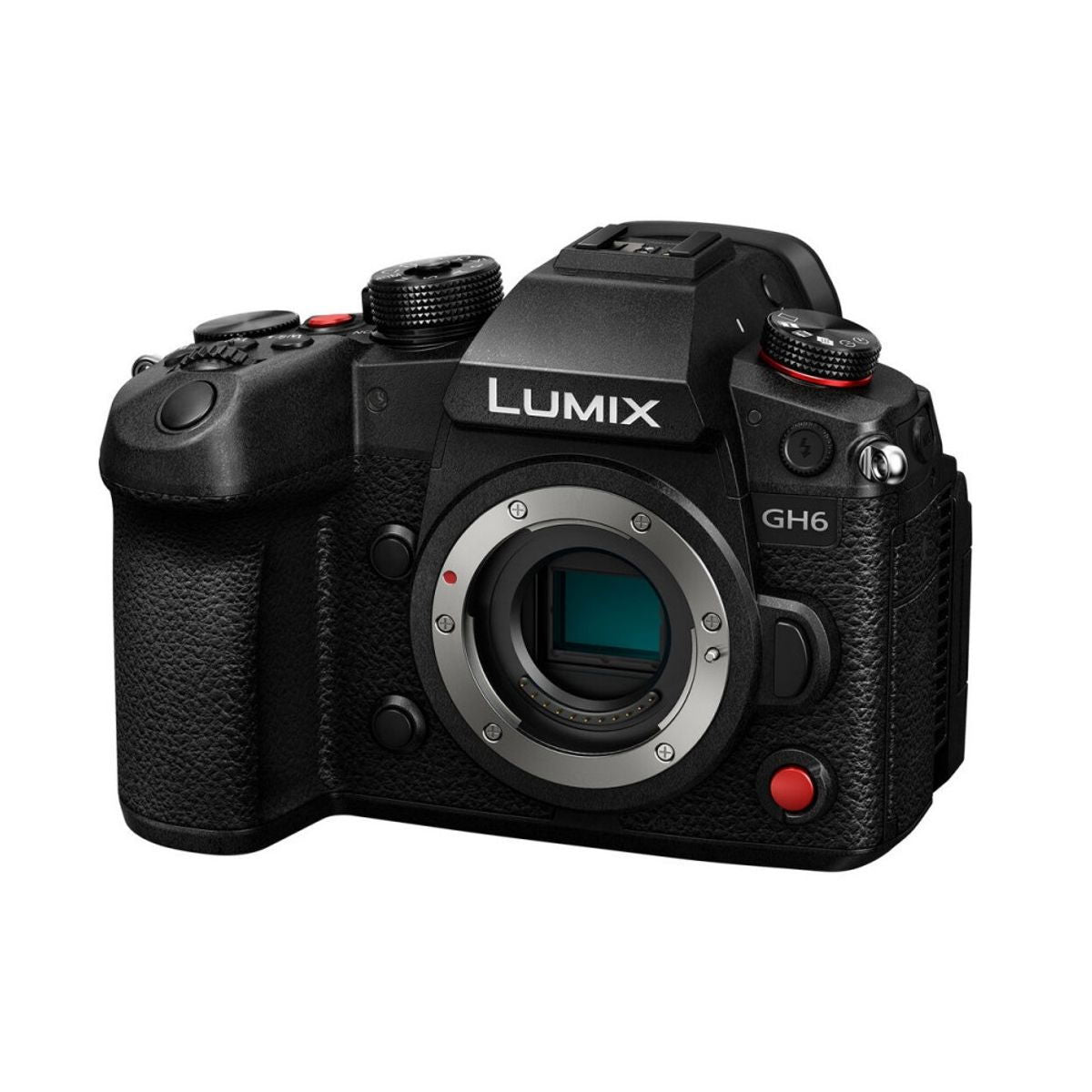 Lumix GH6 E mirrorless camera, angled front view with LUMIX logo