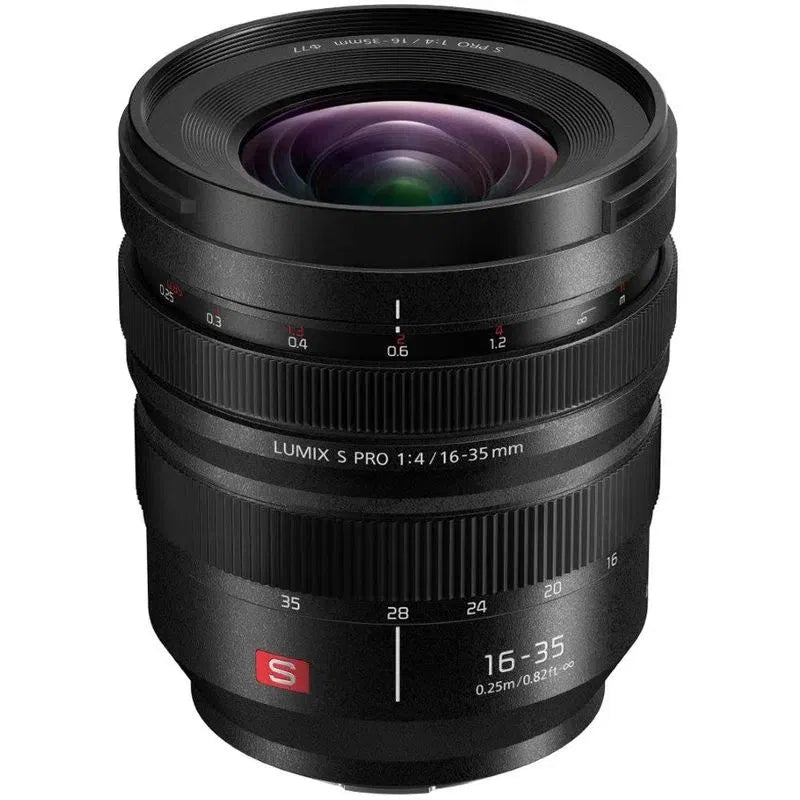 LUMIX S PRO 16-35mm f/4 lens front, black glass and 16–35 scale markings